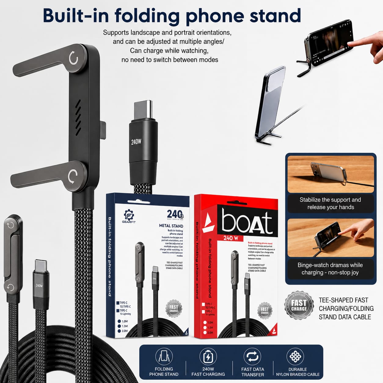 240W – USB C to USB C- Fast Charging Gaming Data Cable (With Box Packing)– 1.5M with Foldable Phone Stand