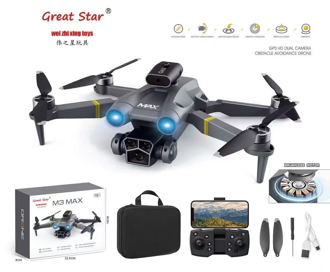 Great Star M3/Y3-MAX Triple Camera Fully Stable Brushless Drone