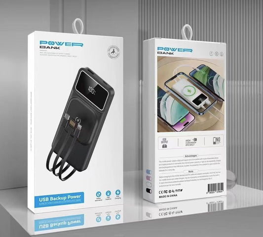 10000 Mah Wireless Powerbank With Attached Cables And Display
