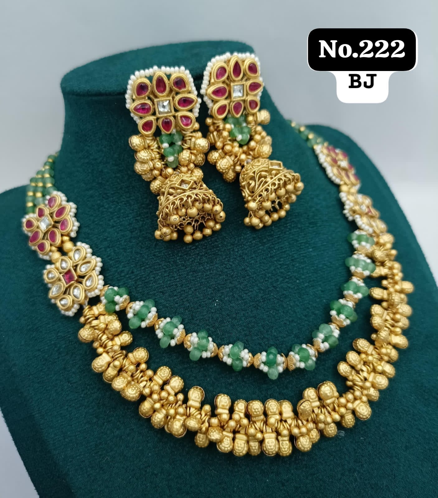 Antique Gold Plated Multicolor Rajwadi Necklace Set With Jhumkas